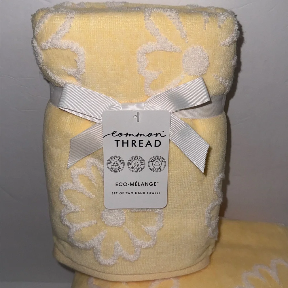 NWT Common Thread 6 Piece Cotton Bath Towel Set Yellow with White Flowers